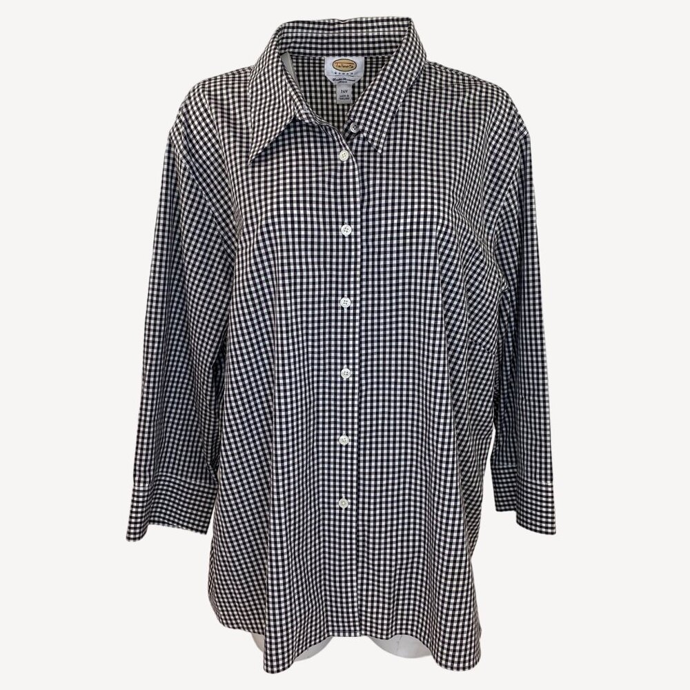 Talbots Womens Gingham Stretch Button Up Shirt Long Sleeve Black Size 3XL 24W